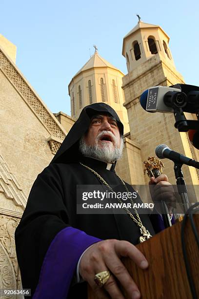 Armenian patriarch Aram Kashashian speaks during a demonstration by Armenian Lebanese outside the Armenian patriarchate in Antelias, north of Beirut,...