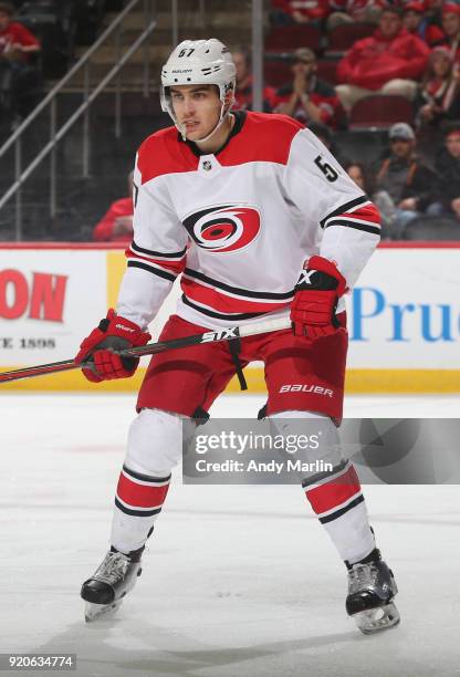 Trevor van Riemsdyk of the Carolina Hurricanes skates during the game against the New Jersey Devils at Prudential Center on February 15, 2018 in...