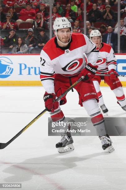 Brett Pesce of the Carolina Hurricanes skates during the game against the New Jersey Devils at Prudential Center on February 15, 2018 in Newark, New...