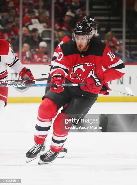 Jimmy Hayes of the New Jersey Devils skates against the Carolina Hurricanes during the game at Prudential Center on February 15, 2018 in Newark, New...