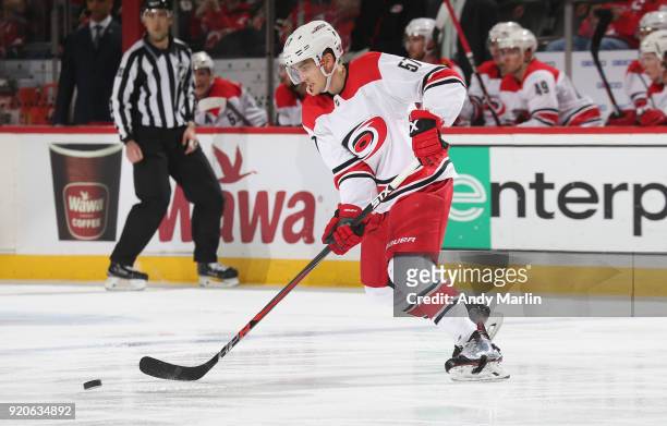 Trevor van Riemsdyk of the Carolina Hurricanes controls the puck during the game against the New Jersey Devils at Prudential Center on February 15,...