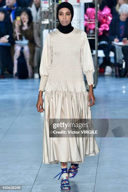 Model walks the runway at the Molly Goddard Ready to Wear Fall/Winter 2018-2019 fashion show during London Fashion Week February 2018 on February 17,...