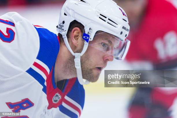 New York Rangers Center Peter Holland prepares for a face-off during first period National Hockey League action between the New York Rangers and...