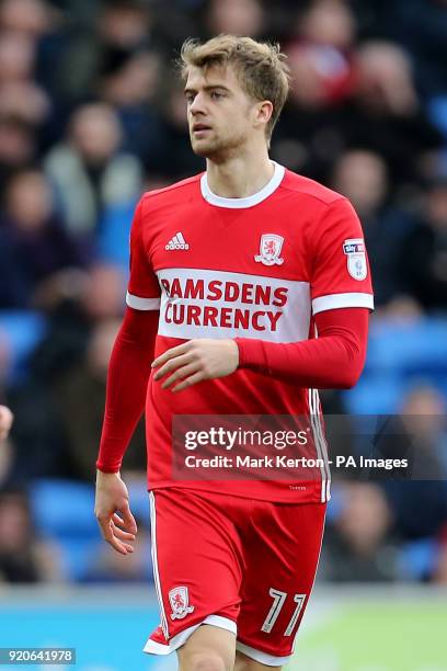 Middlesbroughâs Patrick Bamford during the Sky Bet Championship match at The Cardiff City Stadium.