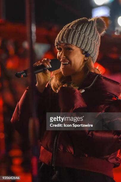 South Korea American singer Colbie Caillat warms up on the set of the Today Show in the Olympic Cluster before the women's hockey semi finals between...