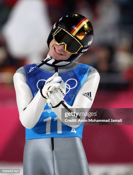 Andreas Wellinger of Germany reacts after a jump during the Ski Jumping - Men's Team Large Hill on day 10 of the PyeongChang 2018 Winter Olympic...