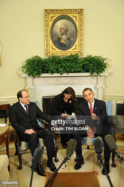 President Barack Obama speaks to the press as he meets with Iraqi Prime Minister Nuri al-Maliki in the Oval Office on October 20, 2009 at the White...