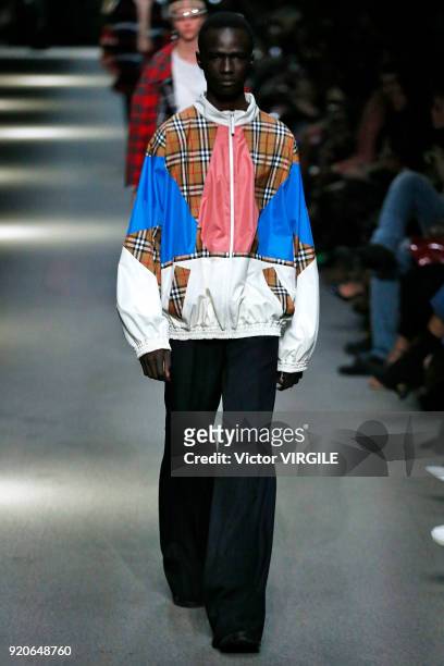 Model walks the runway at the Burberry Ready to Wear Fall/Winter 2018-2019 fashion show during London Fashion Week February 2018 on February 17, 2018...