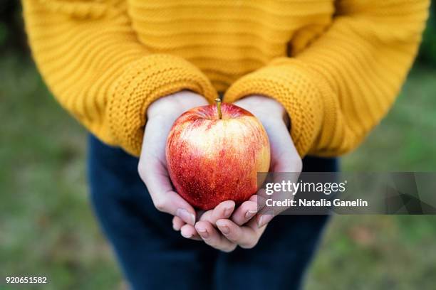 girl holding apple - apple stock-fotos und bilder