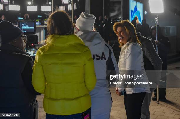 South Korea Hoda Kotb shares a laugh before going to a live shot during the taping of the Today Show in the Olympic Cluster before the women's hockey...