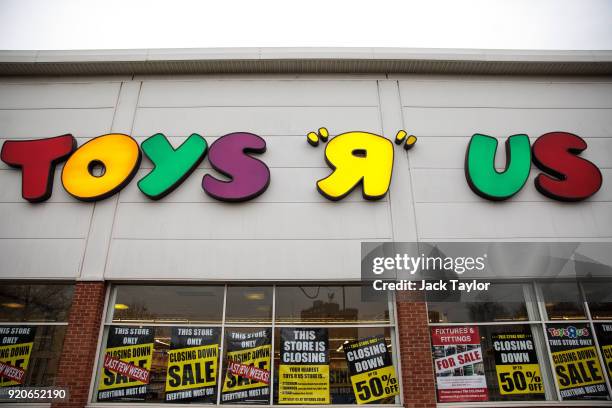 Closing down signs sit on the window of Toys R Us in New Kent Road on February 19, 2018 in London, England. The toy retailer which employs 3,000...