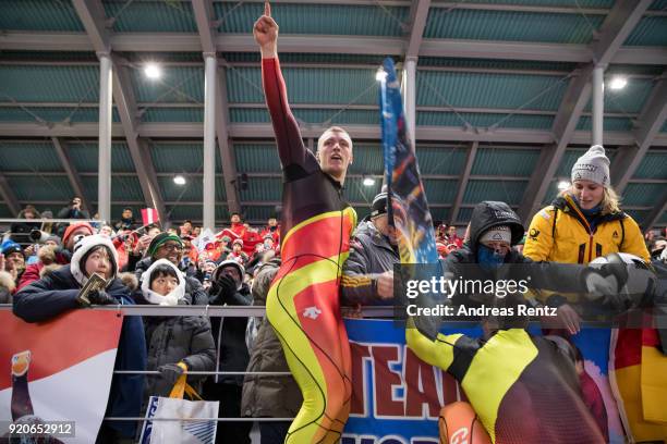 Francesco Friedrich and Thorsten Margis of Germany celebrate winning joint gold during the Men's 2-Man Bobsleigh on day 10 of the PyeongChang 2018...