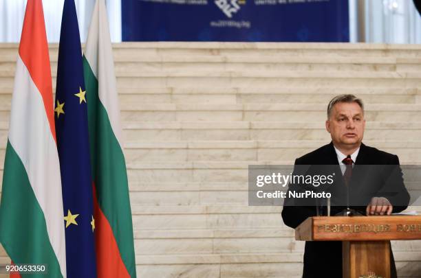 Hungarian Prime Minister Viktor Orban, during press conference with the Bulgarian Prime Minister Boyko Borisov, following a bilateral governmental...