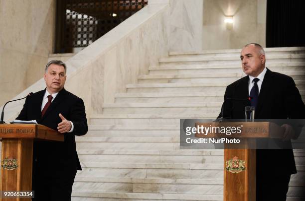 Prime Minister of Bulgaria, Boyko Borisov, R, and Hungarian Prime Minister Viktor Orban, L, hold a joint press conference following a bilateral...