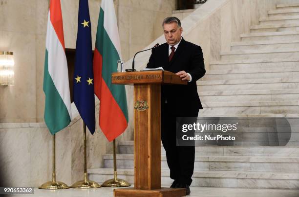 Hungarian Prime Minister Viktor Orban, during press conference with the Bulgarian Prime Minister Boyko Borisov, following a bilateral governmental...