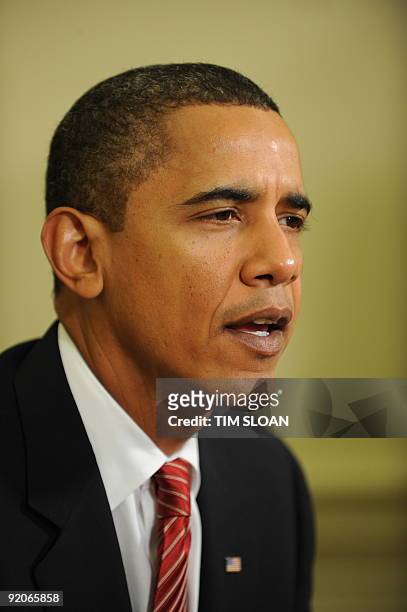 President Barack Obama speaks to the press as he meets with Iraqi Prime Minister Nuri al-Maliki in the Oval Office on October 20, 2009 at the White...