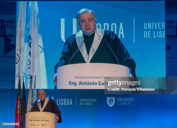 Secretary General Antonio Guterres delivers remarks after receiving the honorary doctorate degree at Universidade de Lisboa on February 19, 2018 in...