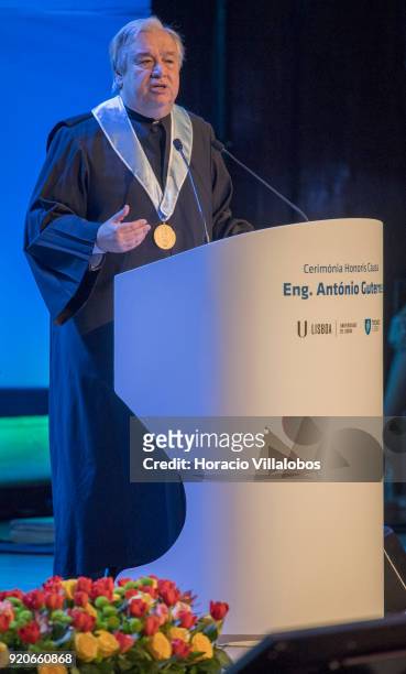 Secretary General Antonio Guterres delivers remarks after receiving the honorary doctorate degree at Universidade de Lisboa on February 19, 2018 in...