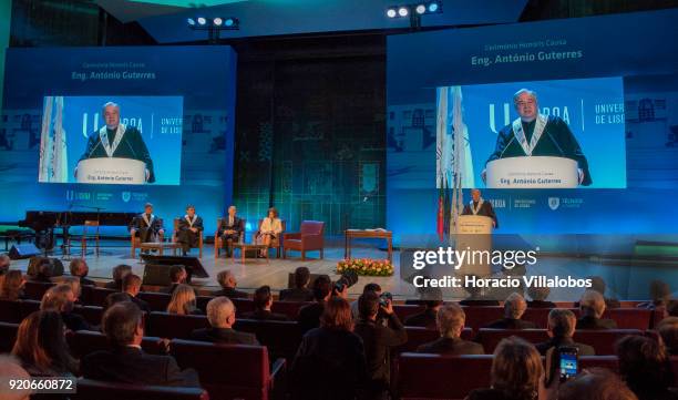 Secretary General Antonio Guterres delivers remarks after receiving the honorary doctorate degree at Universidade de Lisboa on February 19, 2018 in...