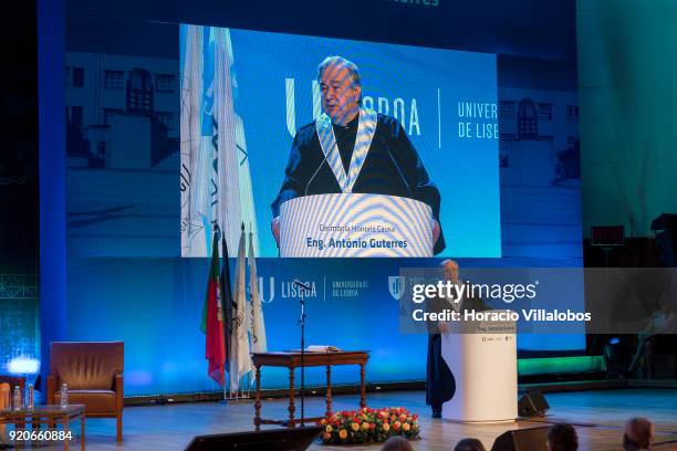 Secretary General Antonio Guterres delivers remarks after receiving the honorary doctorate degree at Universidade de Lisboa on February 19, 2018 in...