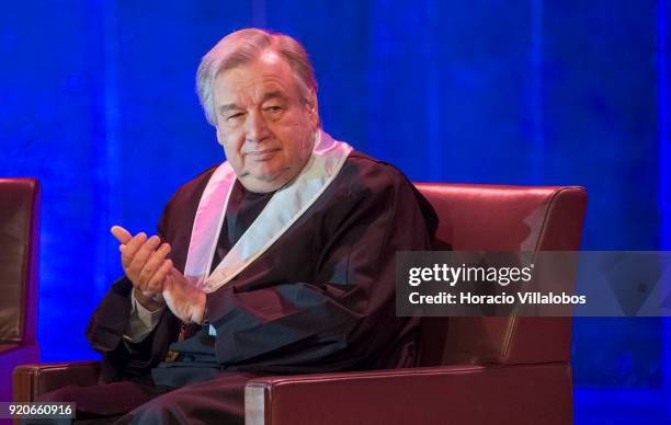 Secretary General Antonio Guterres applauds during the ceremony in which he received an honorary doctorate degree at Universidade de Lisboa on...