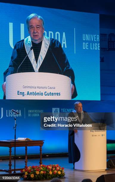 Secretary General Antonio Guterres delivers remarks after receiving the honorary doctorate degree at Universidade de Lisboa on February 19, 2018 in...