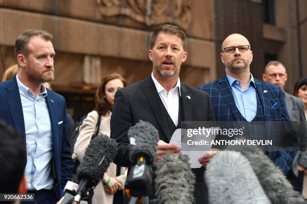 Abuse victims of former football coach Barry Bennell Micky Fallon, Steve Walters and Chris Unsworth speak outside Liverpool Crown Court on February...