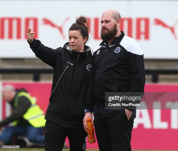 Lauren Phillips Assistant Manager of Millwall Lionesses and Lee Burch manager of Millwall Lionesses L.F.C during The FA Women's Cup Fifth Round match...