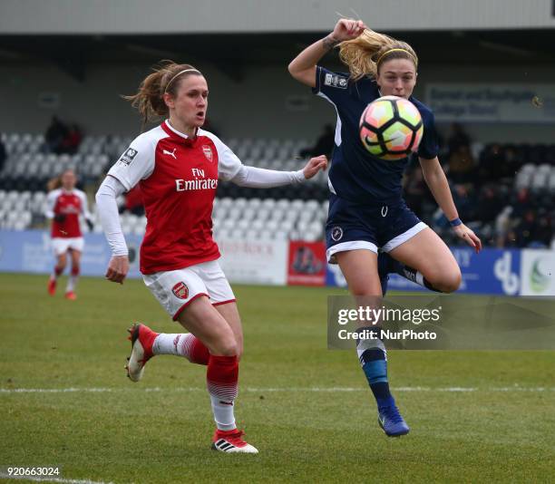Heather O'Reilly of Arsenal and Megan Alexander of Millwall Lionesses L.F.C during The FA Women's Cup Fifth Round match between Arsenal against...