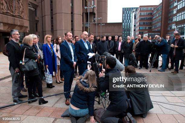 Abuse victims of former football coach Barry Bennell Micky Fallon, Chris Unsworth and Steve Walters speak to the media outside Liverpool Crown Court...