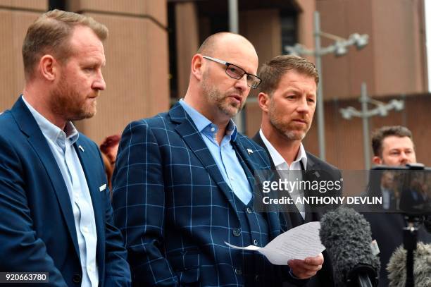 Abuse victims of former football coach Barry Bennell Micky Fallon, Chris Unsworth and Steve Walters speak to the media outside Liverpool Crown Court...