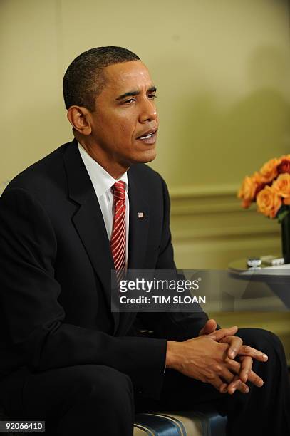 President Barack Obama speaks to the press as he meets with Iraqi Prime Minister Nuri al-Maliki in the Oval Office on October 20, 2009 at the White...
