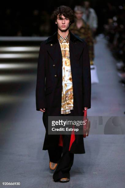 Prince Nikolai of Denmark walks the runway at the Burberry show during London Fashion Week February 2018 at Dimco Buildings on February 17, 2018 in...