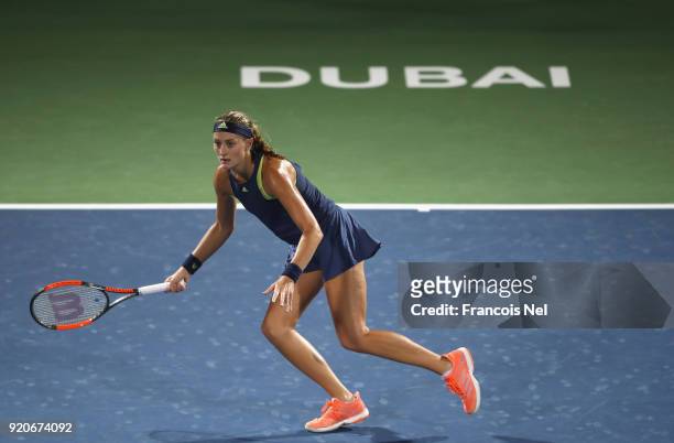 Kristina Mladenovic of France in action against Naomi Osaka of Japan during day one of the WTA Dubai Duty Free Tennis Championship at the Dubai...