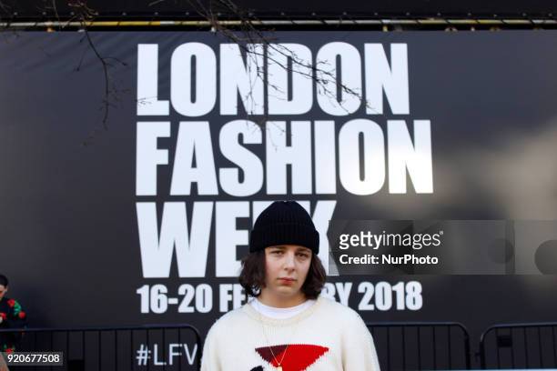 Model attends London Fashion Week in London, UK on 17th of February, 2018.