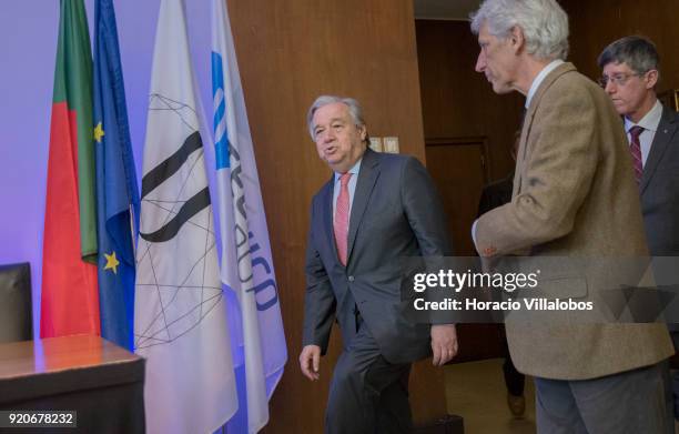 Secretary General Antonio Guterres arrives to meet with journalists at a press conference after having received the honorary doctorate degree at...