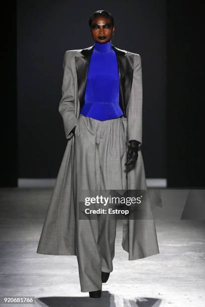 Model walks the runway at the Gareth Pugh show during London Fashion Week February 2018 at Ambika P3 on February 17, 2018 in London, England.