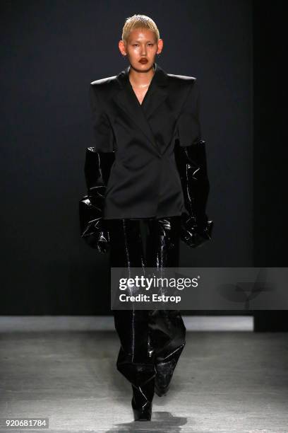 Model walks the runway at the Gareth Pugh show during London Fashion Week February 2018 at Ambika P3 on February 17, 2018 in London, England.