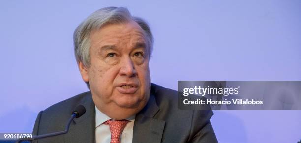 Secretary General Antonio Guterres talks to journalists a press conference after having received the honorary doctorate degree at Universidade de...