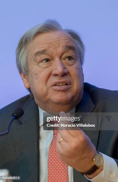 Secretary General Antonio Guterres talks to journalists a press conference after having received the honorary doctorate degree at Universidade de...