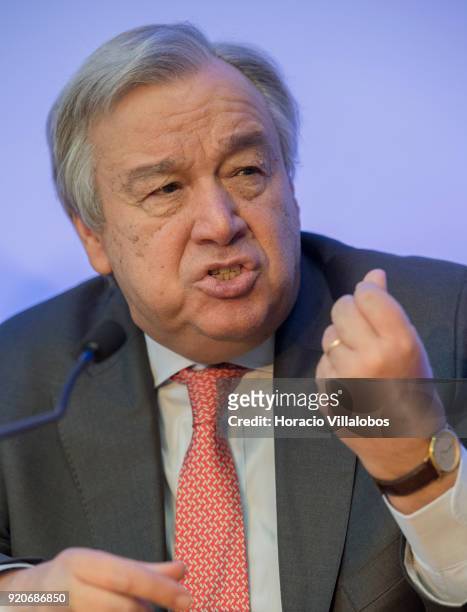 Secretary General Antonio Guterres talks to journalists a press conference after having received the honorary doctorate degree at Universidade de...