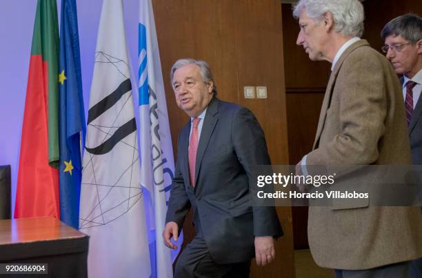 Secretary General Antonio Guterres arrives to meet with journalists at a press conference after having received the honorary doctorate degree at...