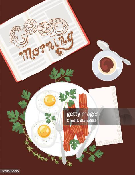 hand drawn typography behind breakfast foods - bacon breakfast stock illustrations