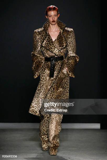 Model walks the runway at the Gareth Pugh show during London Fashion Week February 2018 at Ambika P3 on February 17, 2018 in London, England.