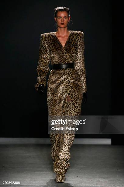 Model walks the runway at the Gareth Pugh show during London Fashion Week February 2018 at Ambika P3 on February 17, 2018 in London, England.