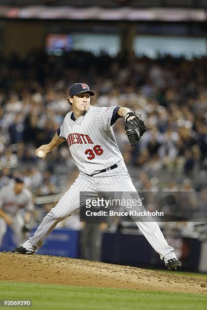 Joe Nathan of the Minnesota Twins pitches to the New York Yankees on October 9, 2009 at Yankee Stadium in New York, New York. The Yankees won Game 2...