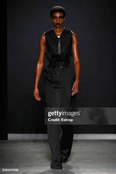 Model walks the runway at the Gareth Pugh show during London Fashion Week February 2018 at Ambika P3 on February 17, 2018 in London, England.