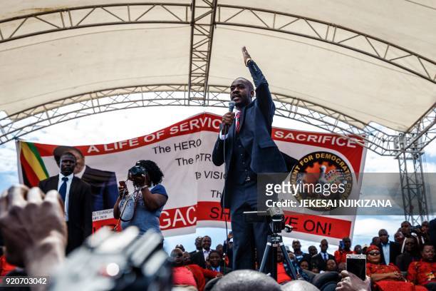 Acting president of the Movement for Democratic Change party, Nelson Chamisa, gives a speech on February 19 at Freedom Square in Harare, during a...