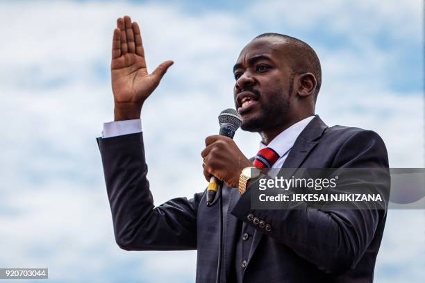 Acting president of the Movement for Democratic Change party, Nelson Chamisa, gives a speech on February 19 at Freedom Square in Harare, during a...