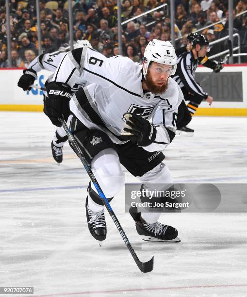 Jake Muzzin of the Los Angeles Kings skates against the Pittsburgh Penguins at PPG Paints Arena on February 15, 2018 in Pittsburgh, Pennsylvania.